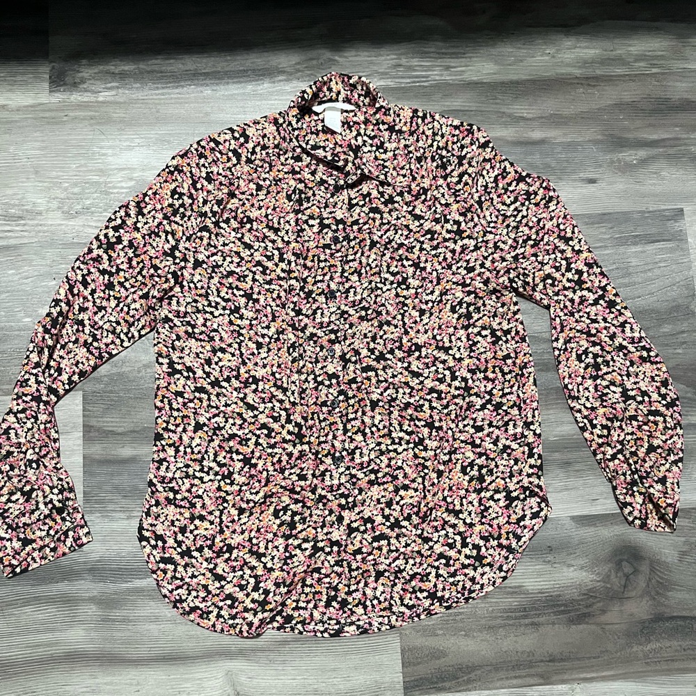 H&M Black and Pink Floral Button Down Shirt